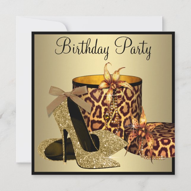 Invitación Pearls High Heel Shoes Black Gold Mujeres Cumpleañ (Anverso)