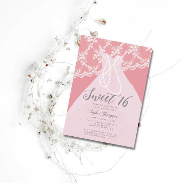 Invitación Pearls Lace Rosa Princess Vestido dulce 16 Fiesta (Subido por el creador)