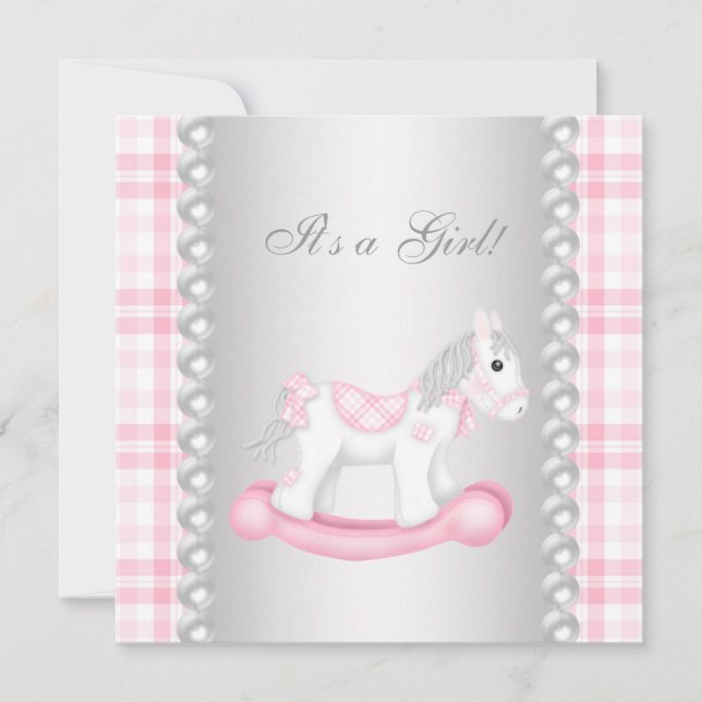 Invitación Pearls Pink Gingham Rocke Horse Baby Shower (Anverso)