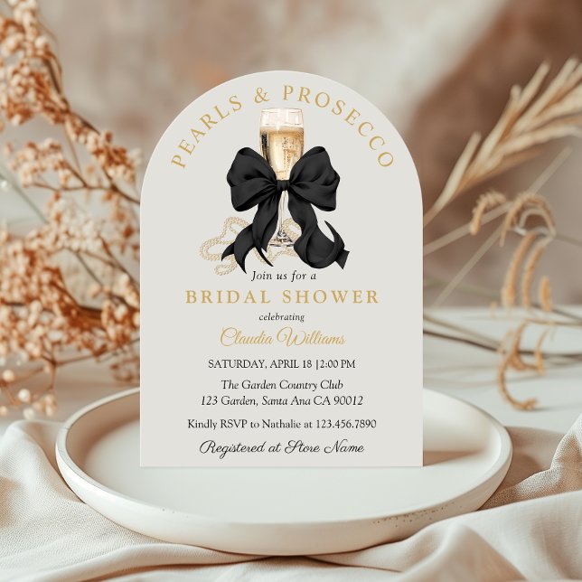 Invitación Pearls Prosecco Black Bow Bridal Shower Invitation (Elegant Black Bow and Pearls Bridal Shower Invitation)
