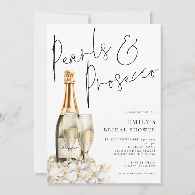 Invitación Pearls Prosecco Bottle Florals Bridal Shower (Anverso)