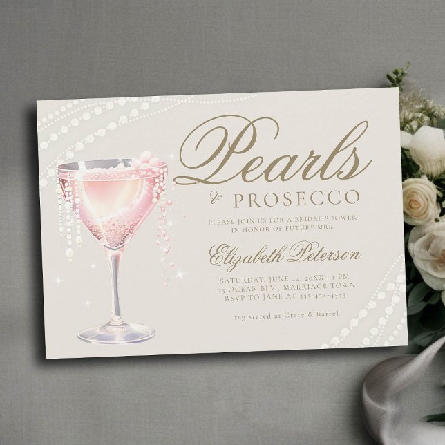 Invitación Pearls Prosecco Bubbly Ecru Bridal Shower (pearls and prosecco bridal shower invitation pink bubbly ecru gold calligraphy elegant modern classy)