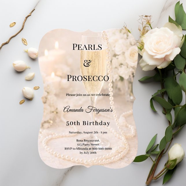 Invitación Pearls Prosecco Champagne elegant birthday  (Subido por el creador)