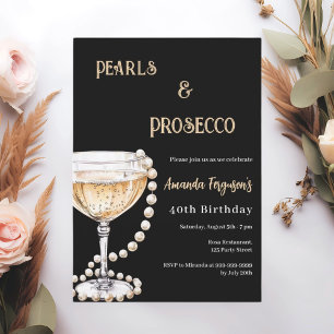 Invitación Pearls Prosecco cumpleaños de oro negro