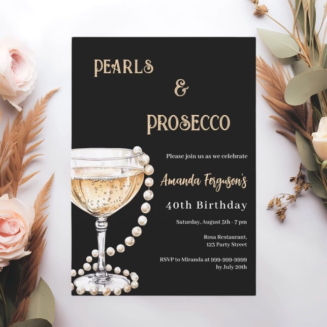 Invitación Pearls Prosecco cumpleaños de oro negro (Subido por el creador)
