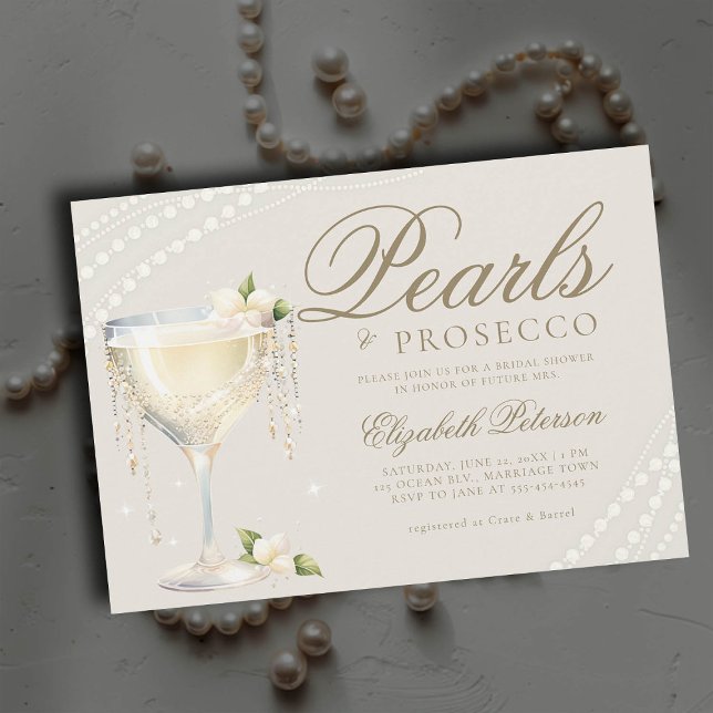 Invitación Pearls Prosecco Elegant Ecru Brunch Bridal Shower (pearls and prosecco bridal brunch invitation champagne bubbly ivory ecru elegant modern classic)