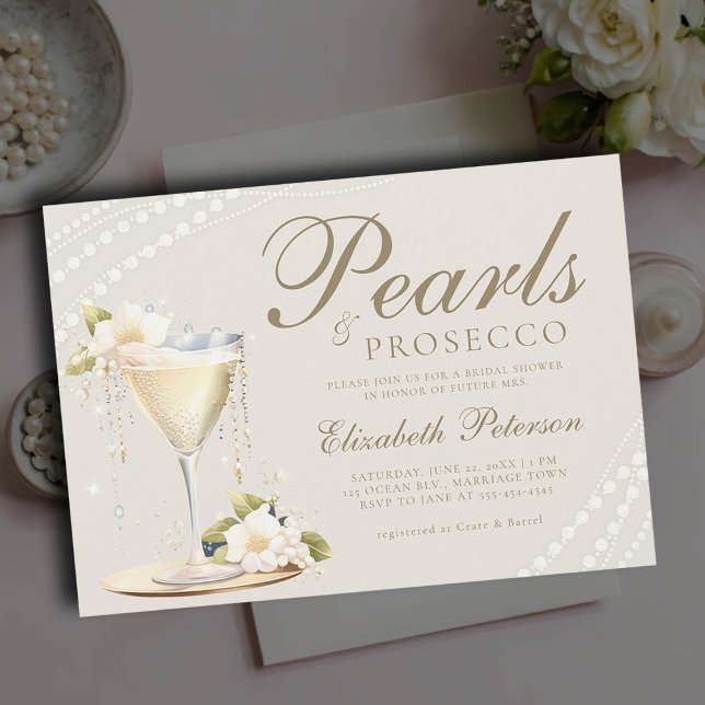 Invitación Pearls Prosecco Elegante Moda Brunch Bridal Shower (pearls and prosecco bridal brunch invitation champagne glass ivory ecru elegant modern classic chic)