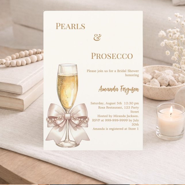 Invitación Pearls Prosecco ivory golden bow Bridal Shower (Subido por el creador)