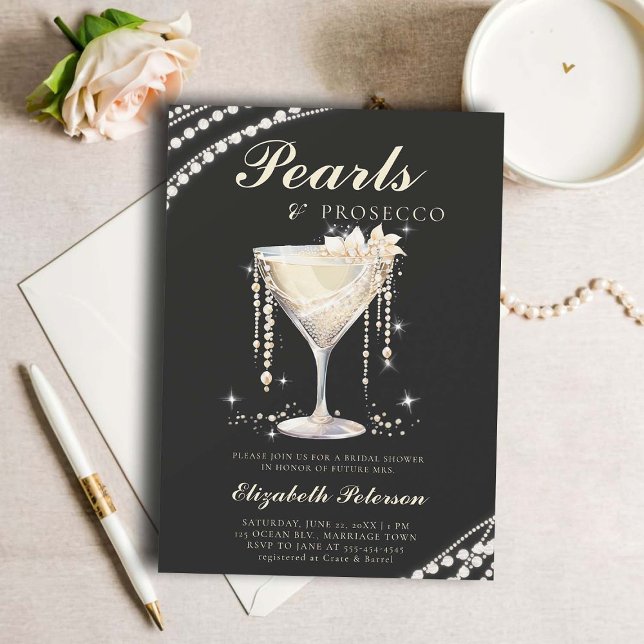 Invitación Pearls Prosecco Marfil Negro Elegante Ducha Bridal (pearls prosecco bridal shower invitation brunch template card champagne watercolor ivory black)