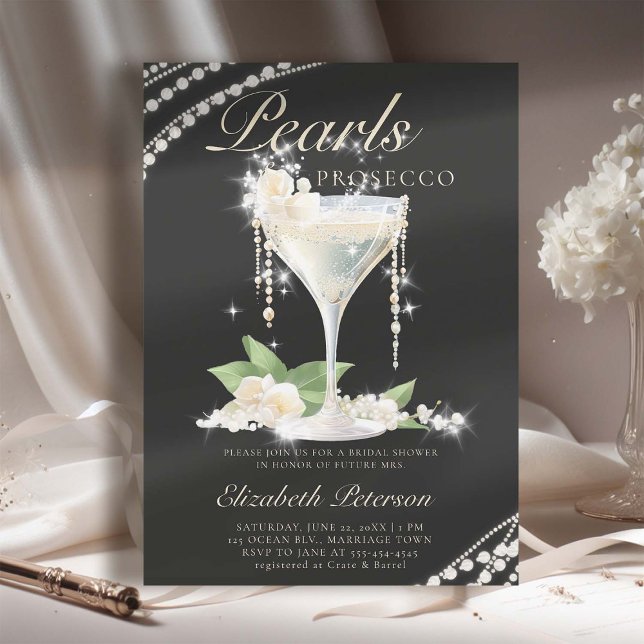 Invitación Pearls Prosecco Petales Black Elegant Bridal Showe (pearls prosecco petals bridal shower invitation brunch template card champagne watercolor black)