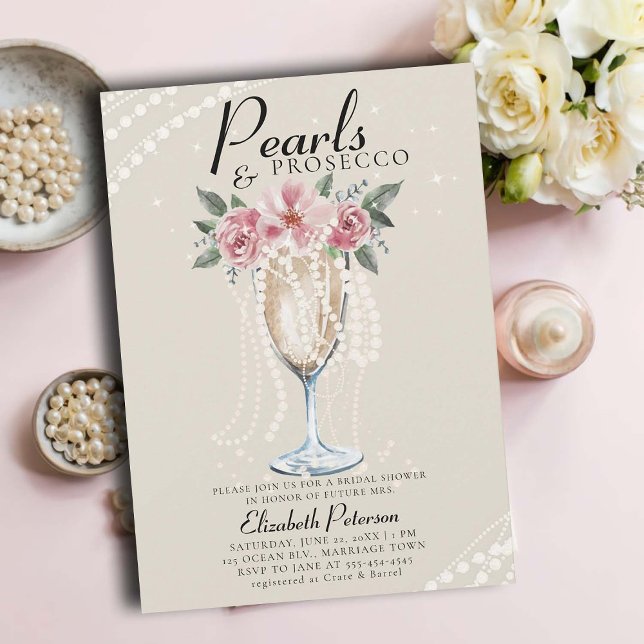 Invitación Pearls Prosecco Petals Corona de Marfil Brunch (pearls and prosecco bridal shower invitation brunch bubbly champagne garden outdoors modern ivory)