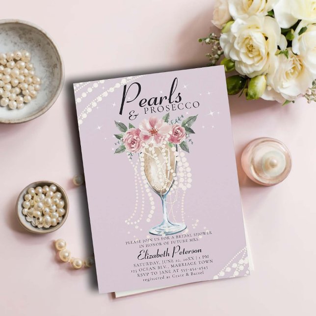 Invitación Pearls Prosecco Petals Lilac Brunch Bridal Shower (pearls and prosecco bridal shower invitation brunch bubbly champagne garden outdoors modern lilac)