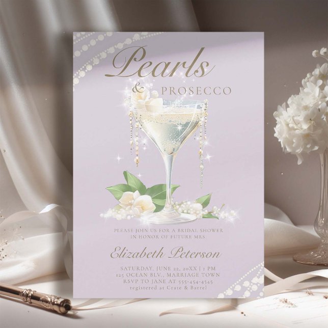 Invitación Pearls Prosecco Petals Lilac Elegant Bridal Shower (pearls prosecco petals bridal shower invitation brunch template card champagne watercolor lilac)