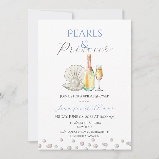 Invitación Pearls y Prosecco Blue Bridal Shower (Anverso)