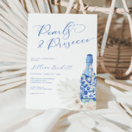 Invitación Pearls y Prosecco Blue Script Bridal Shower