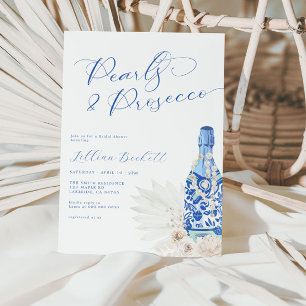 Invitación Pearls y Prosecco Blue Script Bridal Shower