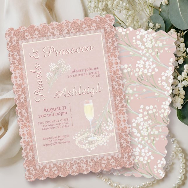 Invitación Pearls y Prosecco Rosa Gold Rubor QR Bridal Shower (Subido por el creador)