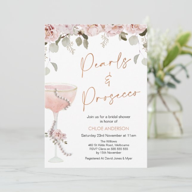 Invitación Pearls y Prosecco Rubor Floral Bridal Shower (Anverso de pie)