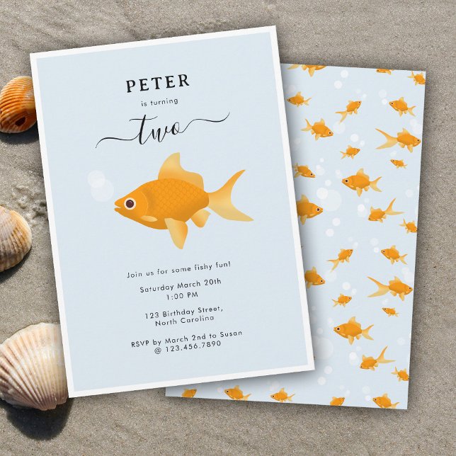 Invitación Peces de Oro Cuidados Nadando Niños Cumpleaños Fie (Cute Goldfish Swimming Water Kids Birthday Party Invitation)