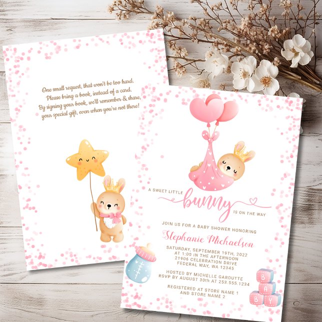 Invitación PEDIDO PEQUEÑO Chica de conejito pedido Baby Showe (Sweet Little Bunny Girl Book Request Baby Shower Invitation)