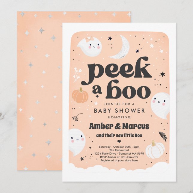 Invitación Peek A Boo Cue Peach Ghost Baby Shower (Anverso / Reverso)