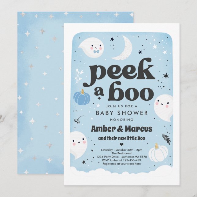 Invitación Peek A Boo Cuo Blue Ghost Baby Shower (Anverso / Reverso)