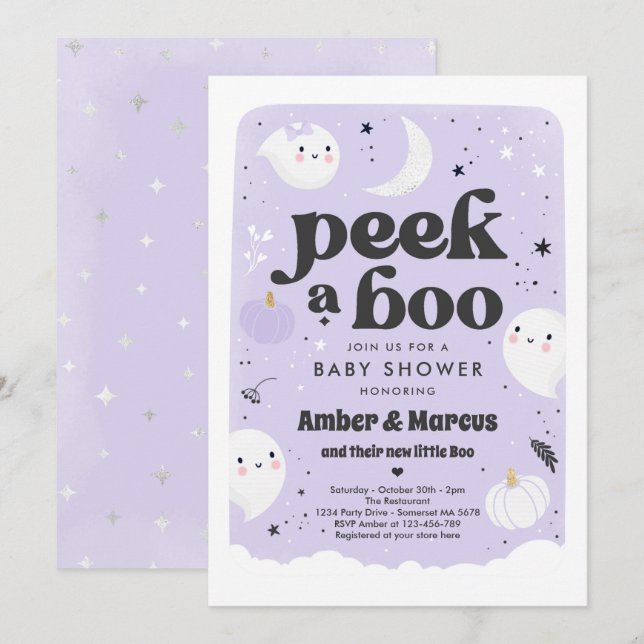 Invitación Peek A Boo Cuo Fantasma Morado Baby Shower (Anverso / Reverso)