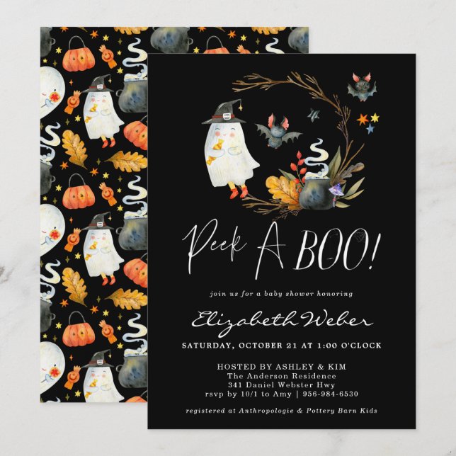 Invitación Peek-A-Boo | Fiesta de Bebé de Halloween Fantasmit (Anverso / Reverso)