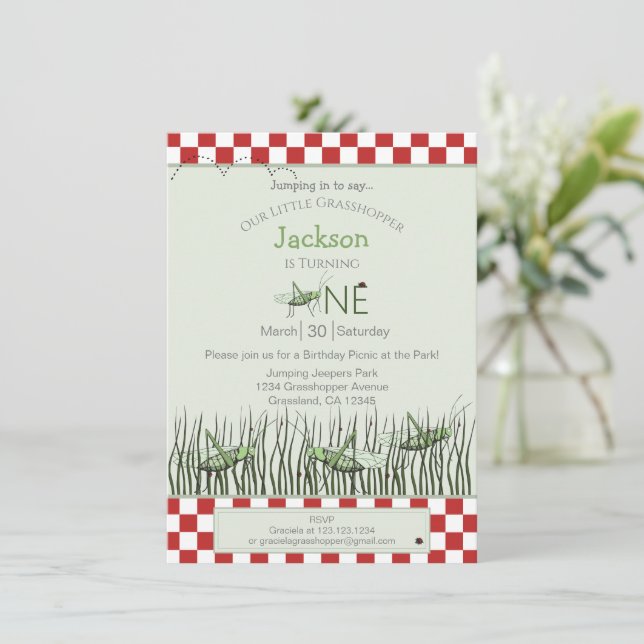 Invitación Peek-a-Boo Grasshoppers Primer Fiesta de Picnic de (Anverso de pie)