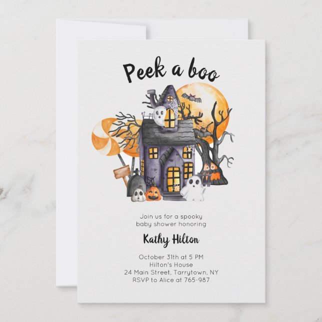 Invitación Peek A Book Cute Halloween Baby Shower (Anverso)