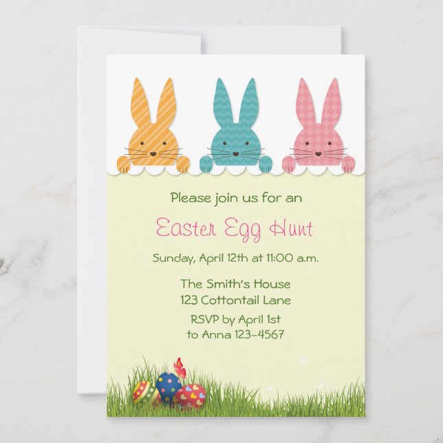 Invitación Peeking Easter Bunnies, Huevo Hunt (Anverso)
