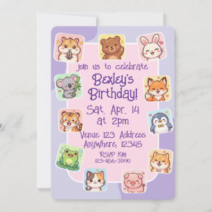 Invitación Pegatina de animal Kawaii rosa morado cumpleaños