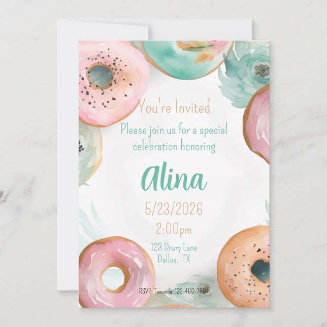 Invitación Pegatina de dona rosa de acuarela dulce (Anverso)