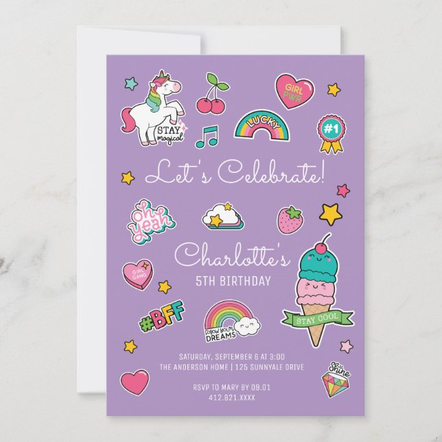 Invitación Pegatina de Emoji púrpura Unicorn Chica Cumpleaños (Anverso)