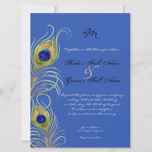 Invitación Peleas de pavo real invitan a la boda azul de coba (Anverso)