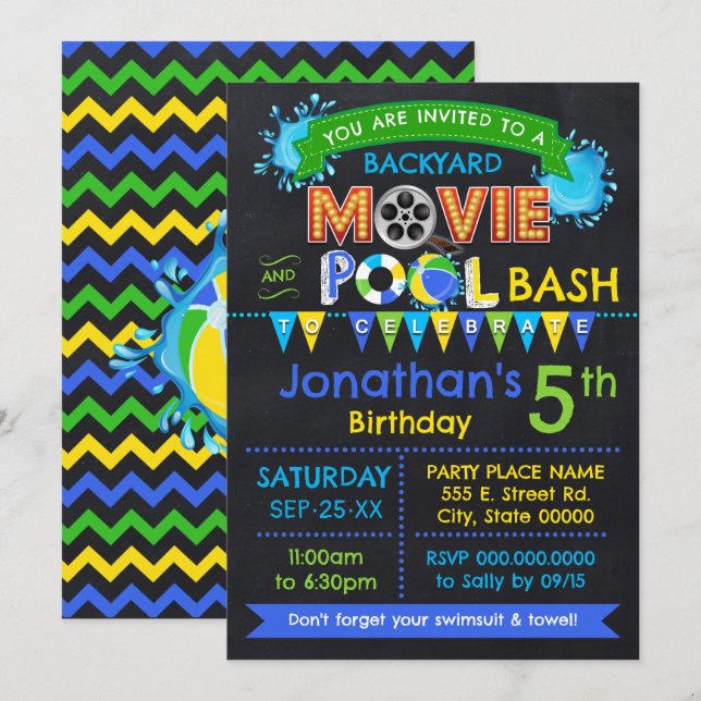 Invitación Película azul y Fiesta de verano de cumpleaños de  (Anverso / Reverso)