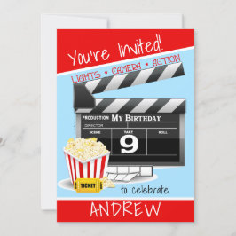 Invitación Película Clapboard Popcorn Novena fiesta de cumple