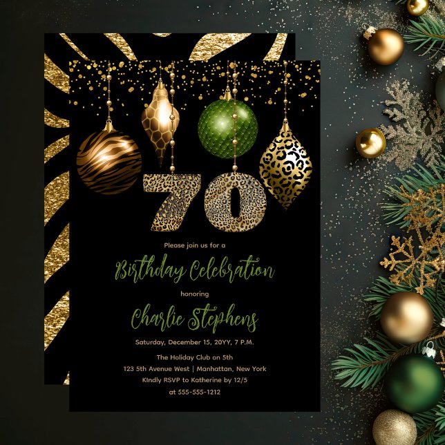 Invitación Película de animales tropicales Baubles 70ª fiesta (Glamorous Tropical Animal Print Baubles 70th Birthday Party Invitation in Black, Gold & Olive Green)