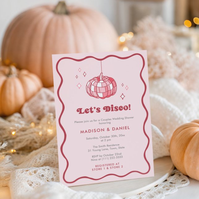 Invitación Película de calabaza de disco Cherry Pink Wedding  (Pink Disco Ball Pumpkin co-ed wedding shower invitation with trendy wavy squiggle border)