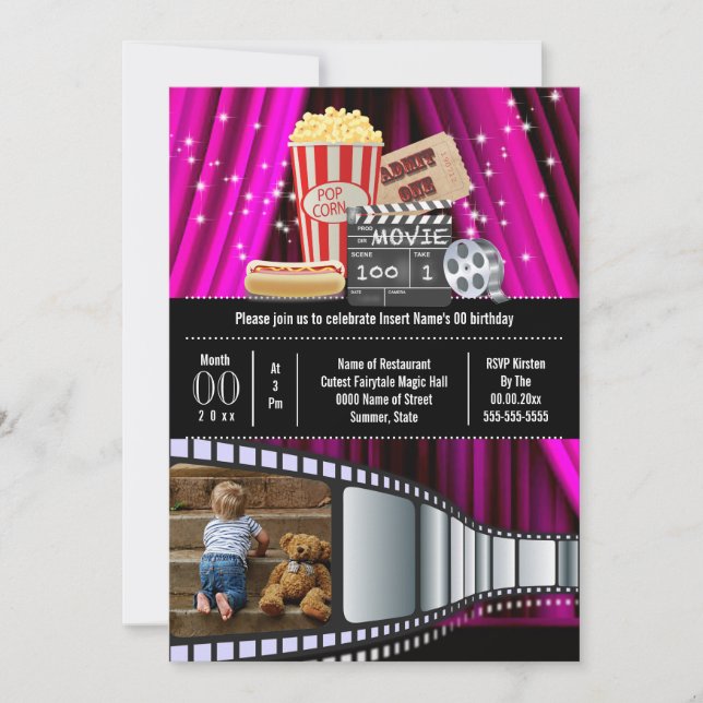 Invitación Película de cine de popcorn fiesta rosa (Anverso)