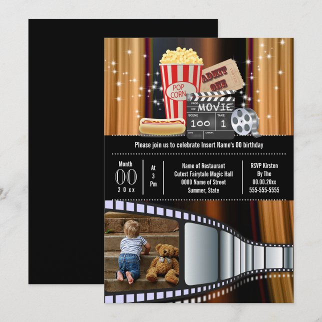 Invitación Película de cine fiesta de popcorn (Anverso / Reverso)