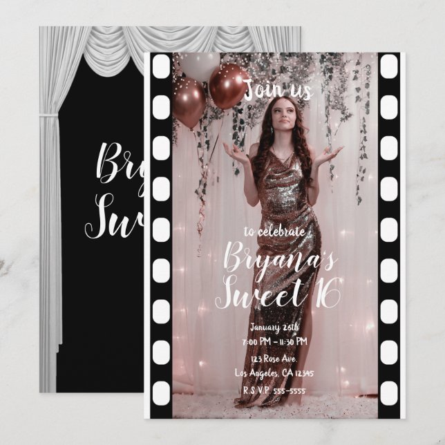 Invitación Película de Hollywood Cortinas Negras Blancas Dulc (Anverso / Reverso)