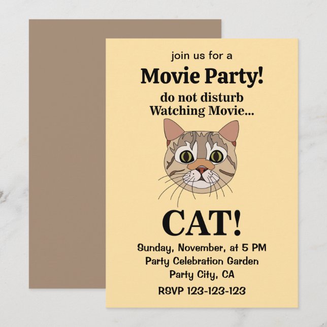 Invitación Película de la Cara de Gato Divertida Fiesta (Anverso / Reverso)