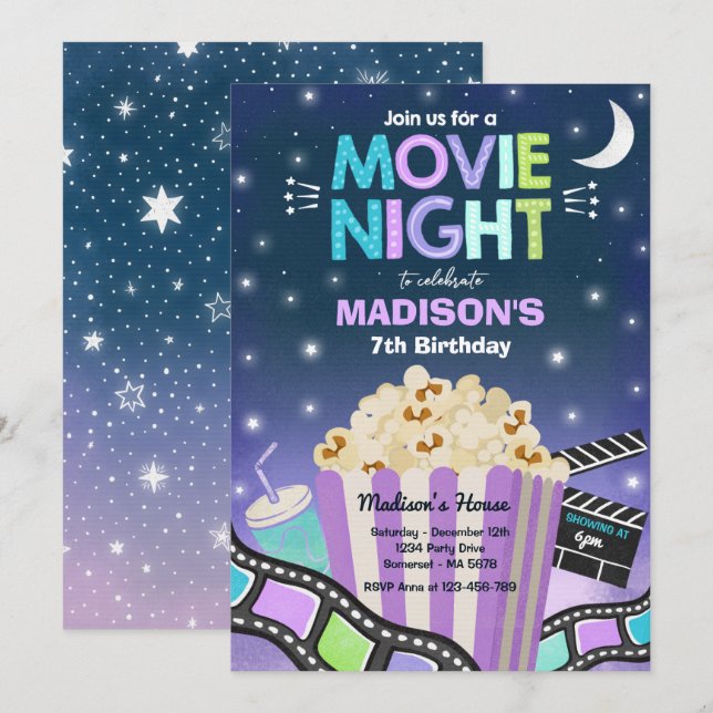 Invitación Película de la noche del cumpleaños Sleepover Popc (Anverso / Reverso)