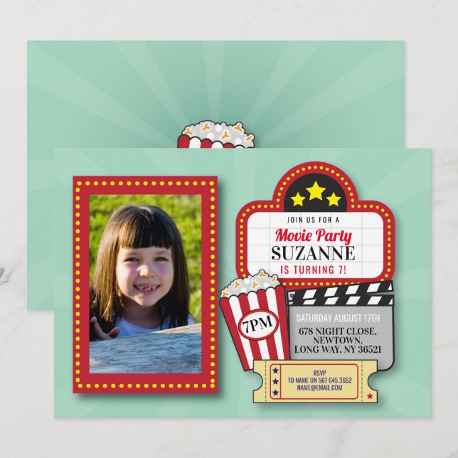 Invitación Película nocturna de cumpleaños de cine de cine fo (Anverso / Reverso)