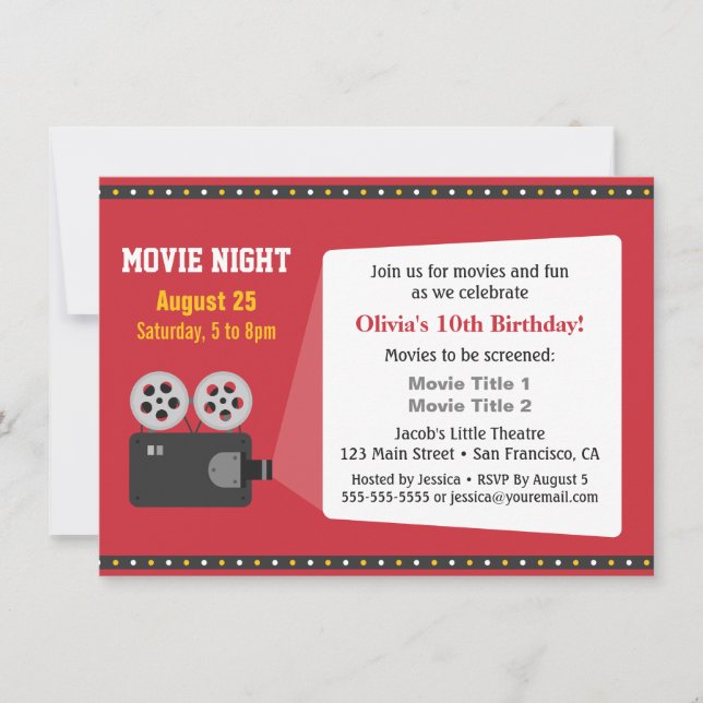 Invitación Película Proyectora de cine Noche fiesta de cumple (Anverso)