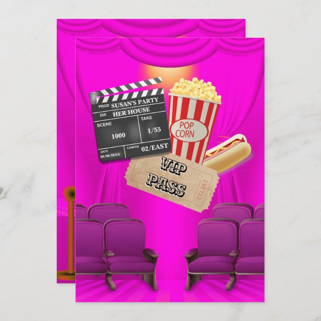 Invitación Película VIP popcorn ticket clapper board chicas f (Anverso / Reverso)