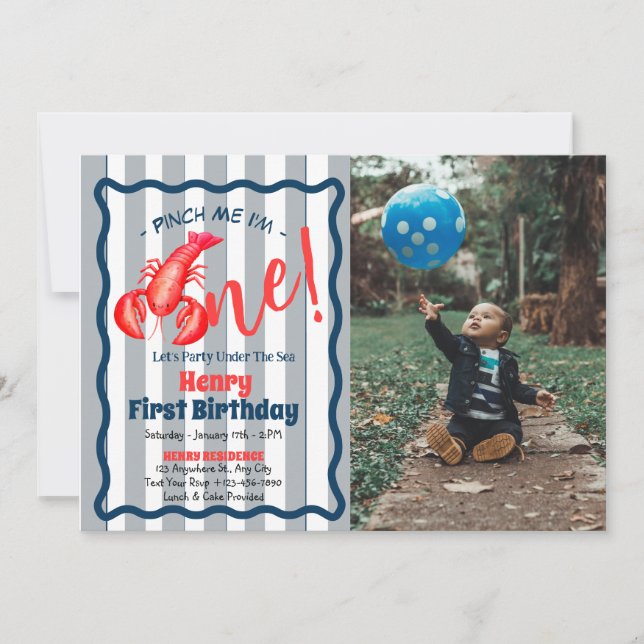 Invitación Pellízcame, Cumplo Un Año Cumpleaños Niño Langosta (Anverso)