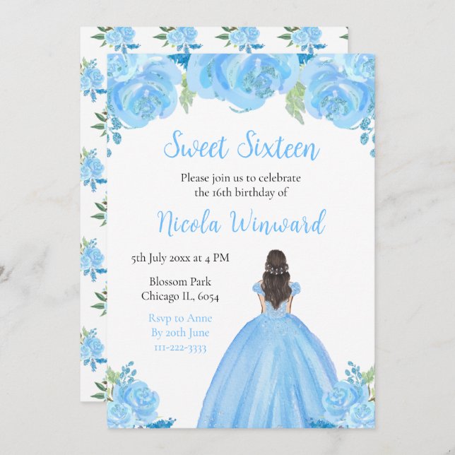 Invitación Pelo Marrón Princesa Azul Dulce Floral Dieciséis (Anverso / Reverso)