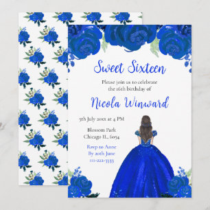 Invitación Pelo Marrón Princesa Azul Dulce Floral Dieciséis